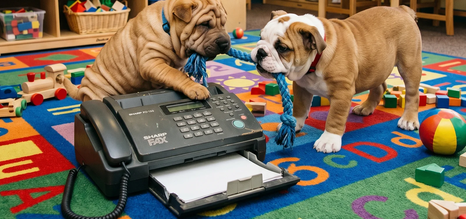 Two wrinkly puppies playing tug-of-war with a rope on top of a vintage Sharp fax machine in a colorful classroom
