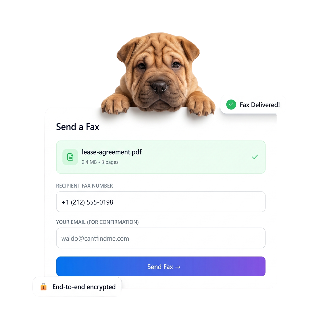 Preview of FaxFree's send-a-fax interface with a friendly puppy mascot